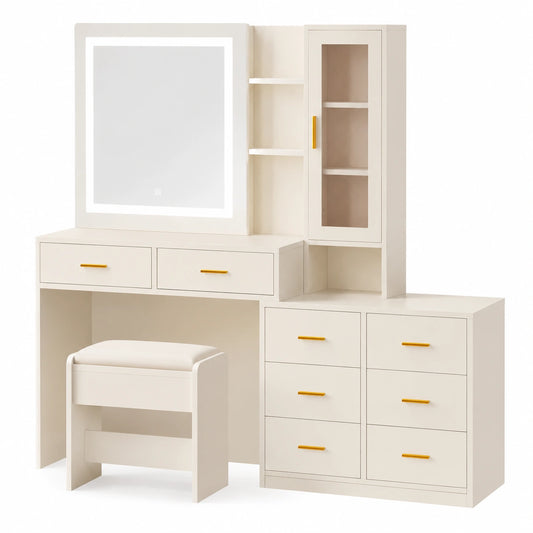 Tavolo da Trucco Moderno con Specchio Illuminato e Sgabello, 8 Cassetti e 3 Ripiani
