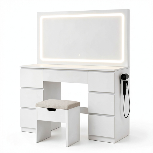 Tavolo da Trucco LED con Sgabello e Cassetti Multipli, Postazione Make-up Moderna con Porte USB