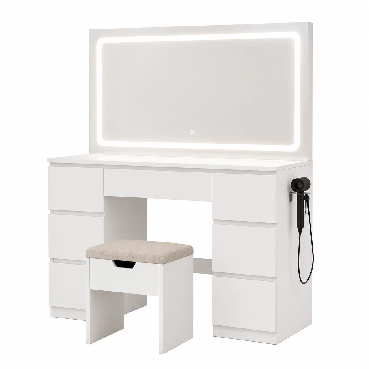 Tavolo da Trucco LED con Sgabello e Cassetti Multipli, Postazione Make-up Moderna con Porte USB