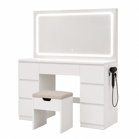 Tavolo da Trucco LED con Sgabello e Cassetti Multipli, Postazione Make-up Moderna con Porte USB