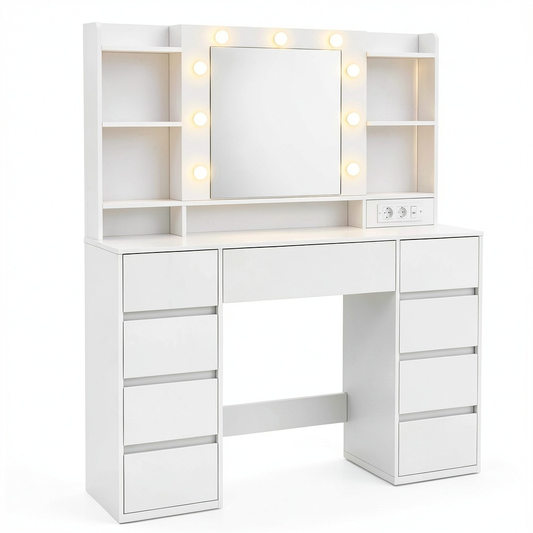 Tavolo da Trucco VASAGLE con Specchio LED e Prese, 9 Cassetti, 9 Lampadine Regolabili, Illuminazione a 3 Colori, Bianco