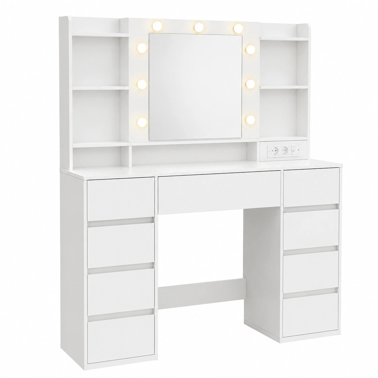 Tavolo da Trucco VASAGLE con Specchio LED e Prese, 9 Cassetti, 9 Lampadine Regolabili, Illuminazione a 3 Colori, Bianco