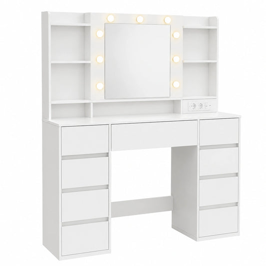 Tavolo da Trucco VASAGLE con Specchio LED e Prese, 9 Cassetti, 9 Lampadine Regolabili, Illuminazione a 3 Colori, Bianco