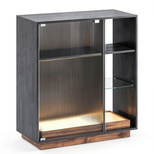 VASAGLE Mobile Bar con LED, Credenza per Vino e Bicchieri, Angolo Liquori con Anta in Vetro, Nero Ebano
