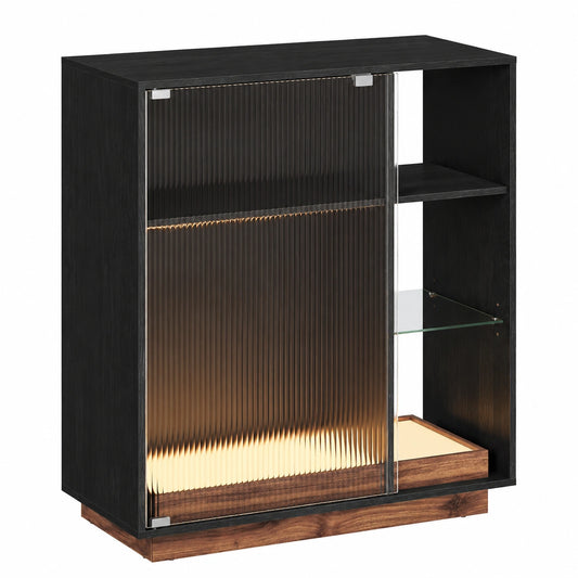 VASAGLE Mobile Bar con LED, Credenza per Vino e Bicchieri, Angolo Liquori con Anta in Vetro, Nero Ebano