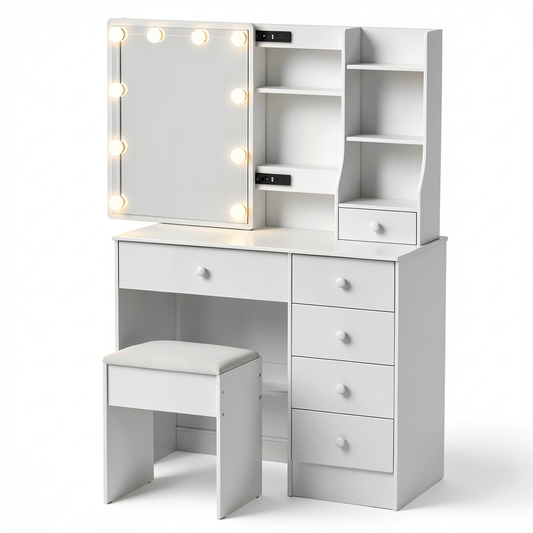 Tavolo Trucco Bianco con Specchio a LED, Sgabello e 6 Cassetti