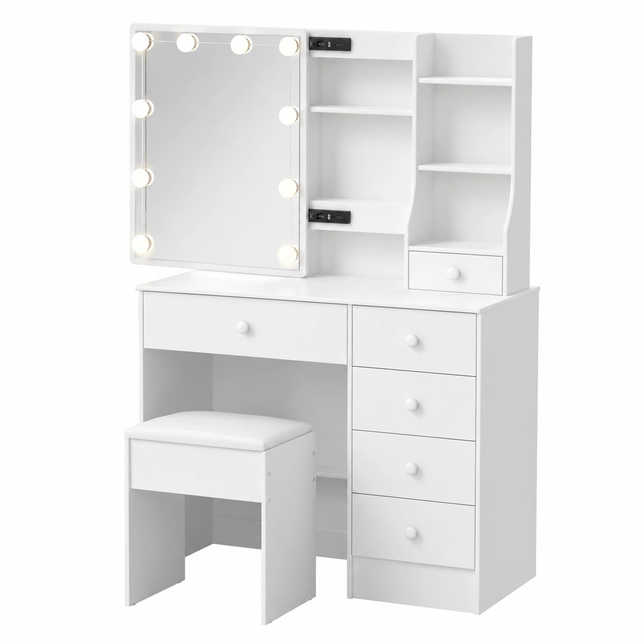 Tavolo Trucco Bianco con Specchio a LED, Sgabello e 6 Cassetti