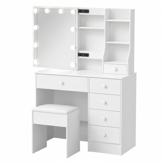 Tavolo Trucco Bianco con Specchio a LED, Sgabello e 6 Cassetti