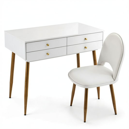 Tavolo da Toeletta Moderno con Specchio LED, Sgabello Vellutato e 3 Cassetti in Legno, 100x40x122 cm, Bianco Champagne
