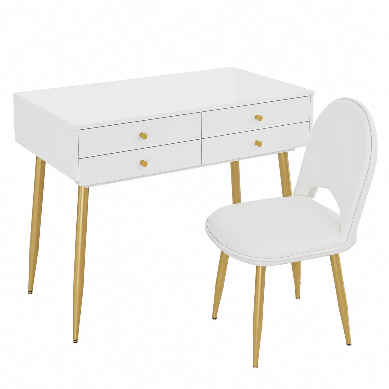 Tavolo da Toeletta Moderno con Specchio LED, Sgabello Vellutato e 3 Cassetti in Legno, 100x40x122 cm, Bianco Champagne