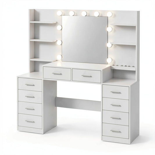 Toletta da Trucco Moderna con Specchio e LED, 10 Cassetti e Ganci, Bianco