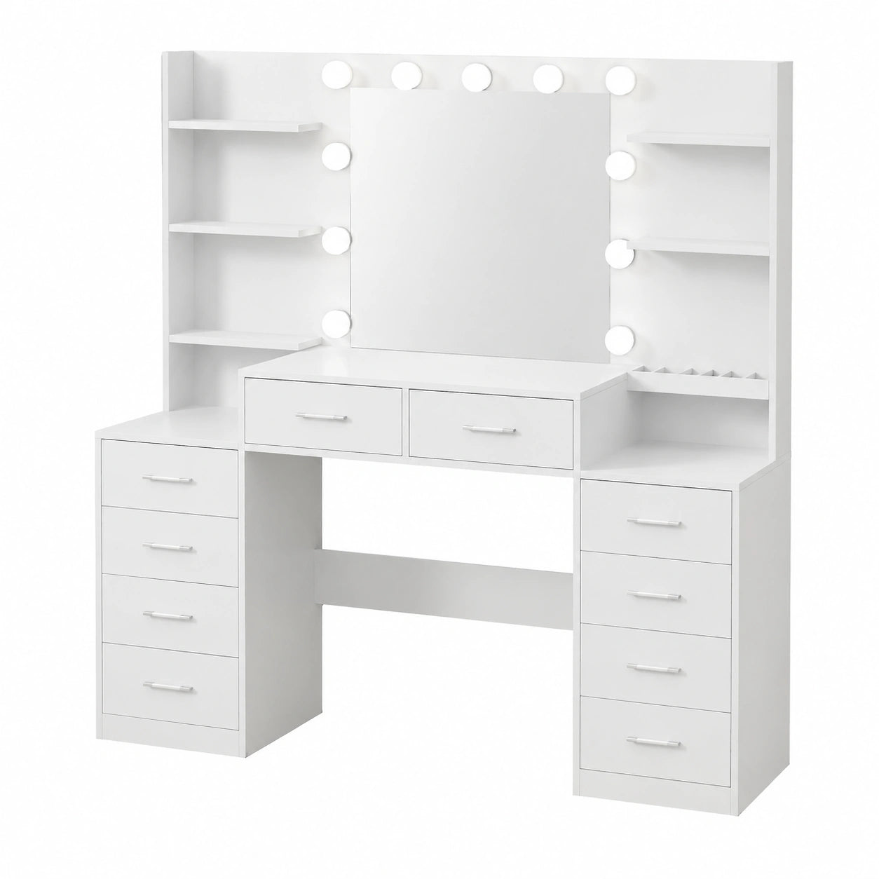 Toletta da Trucco Moderna con Specchio e LED, 10 Cassetti e Ganci, Bianco
