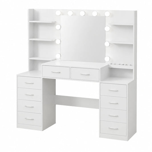 Toletta da Trucco Moderna con Specchio e LED, 10 Cassetti e Ganci, Bianco