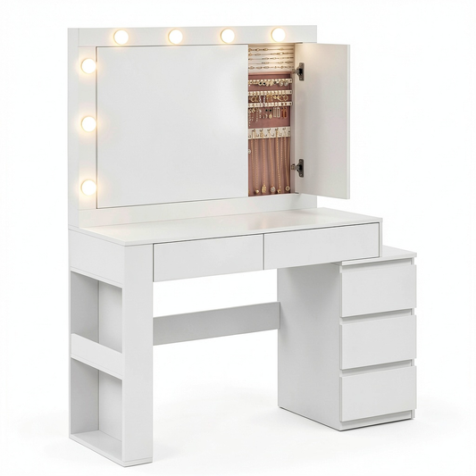 Tavolo da Trucco con LED e Sgabello, Specchio e Stazione di Ricarica, 40x125x140 cm, Bianco