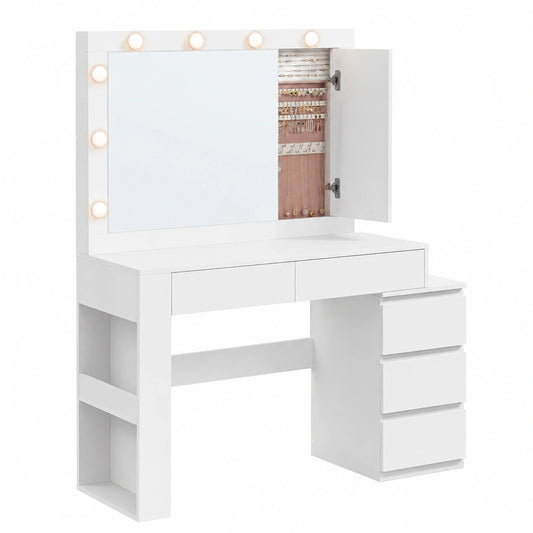 Tavolo da Trucco con LED e Sgabello, Specchio e Stazione di Ricarica, 40x125x140 cm, Bianco