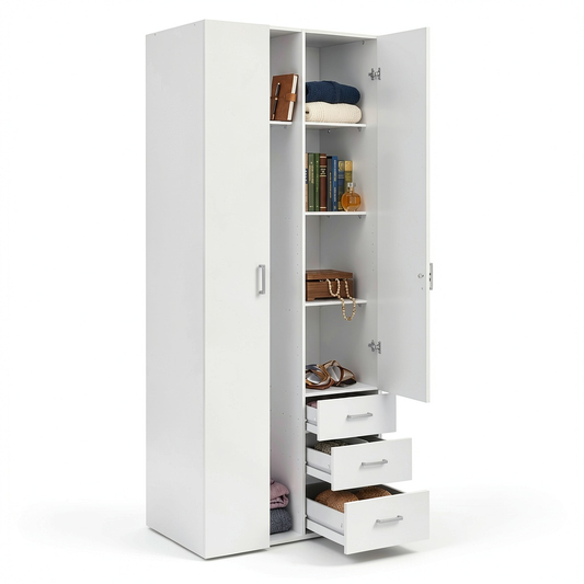 Armadio Guardaroba Emilie a 2 Ante, Mobile Camera da Letto in Legno, 77x50x200 cm, Colore Bianco