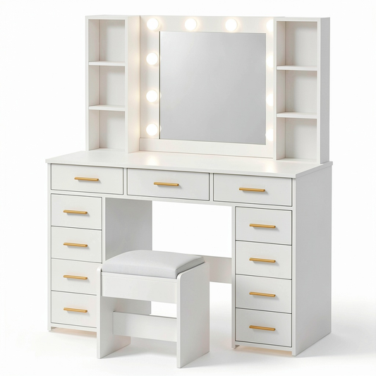 Toeletta da Trucco 110cm con Specchio e Luci Regolabili, 11 Cassetti e Sgabello, 6 Ripiani Aperti, Colore Bianco