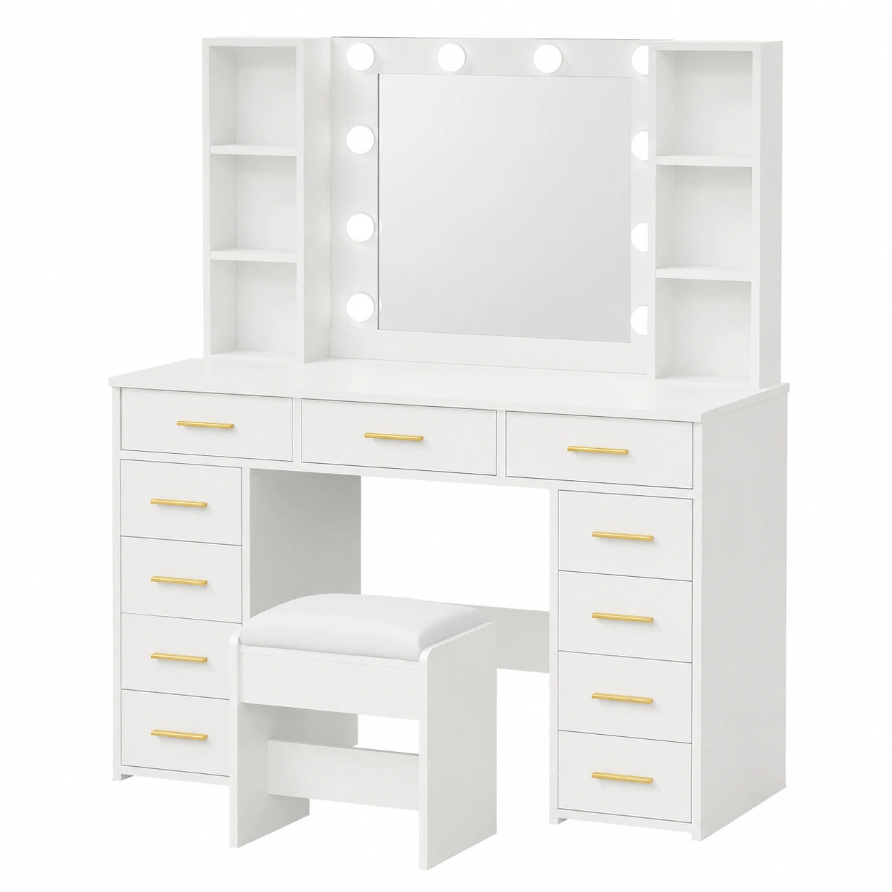 Toeletta da Trucco 110cm con Specchio e Luci Regolabili, 11 Cassetti e Sgabello, 6 Ripiani Aperti, Colore Bianco