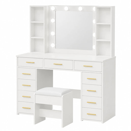 Toeletta da Trucco 110cm con Specchio e Luci Regolabili, 11 Cassetti e Sgabello, 6 Ripiani Aperti, Colore Bianco