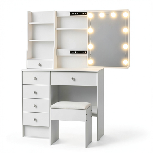 Set Toeletta Moderna con Specchio a LED Regolabile, Sgabello Incluso, 6 Cassetti e Ripiani, Guida Video