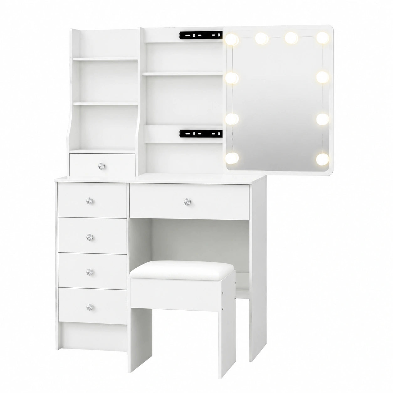 Set Toeletta Moderna con Specchio a LED Regolabile, Sgabello Incluso, 6 Cassetti e Ripiani, Guida Video