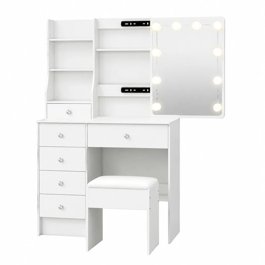 Set Toeletta Moderna con Specchio a LED Regolabile, Sgabello Incluso, 6 Cassetti e Ripiani, Guida Video