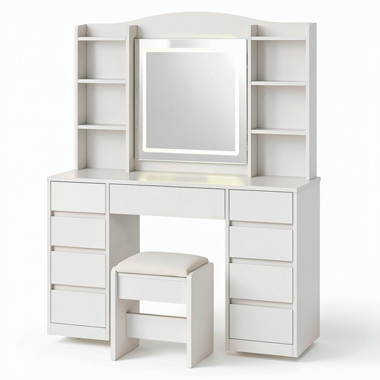 Tavolo da Trucco Bianco con Specchio Luminoso e Cassetti Multipli