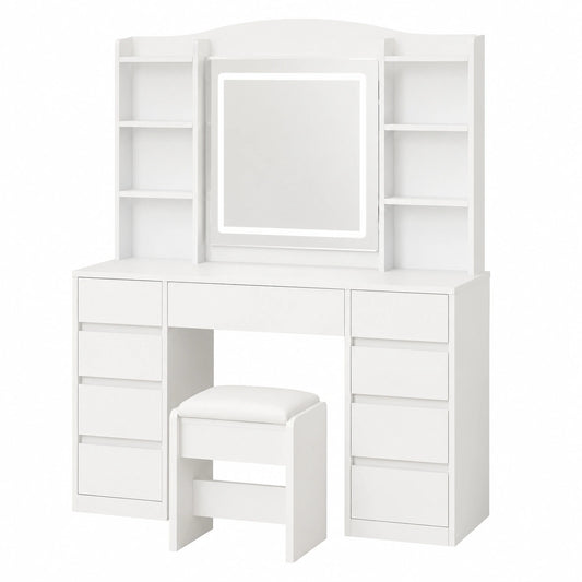Tavolo da Trucco Bianco con Specchio Luminoso e Cassetti Multipli