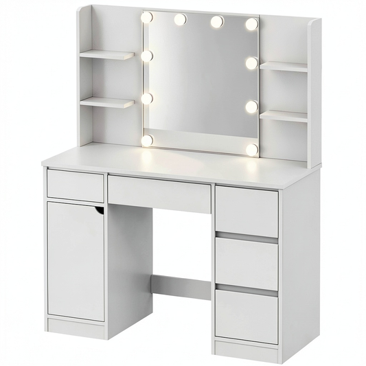 Tavolo da Trucco Moderno con Specchio LED e Sgabello, 4 Cassetti, Luci a 3 Colori, Bianco Elegante per Camera da Letto