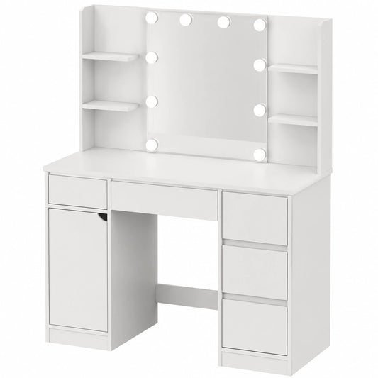 Tavolo da Trucco Moderno con Specchio LED e Sgabello, 4 Cassetti, Luci a 3 Colori, Bianco Elegante per Camera da Letto